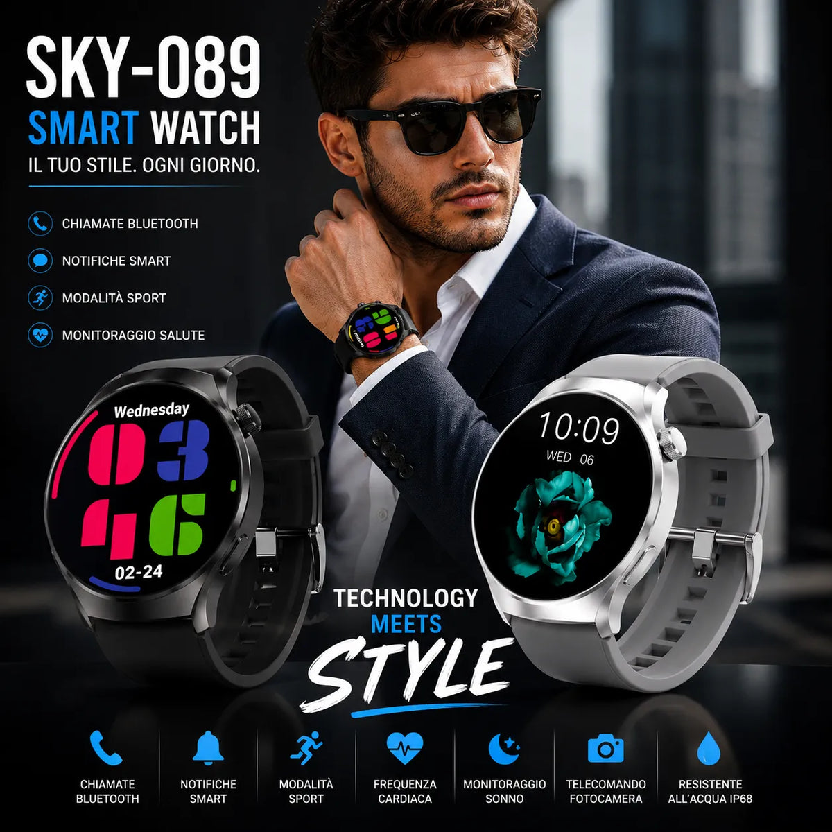 Smartwatch uomo con display circolare, cinturini nero e grigio, quadranti colorati