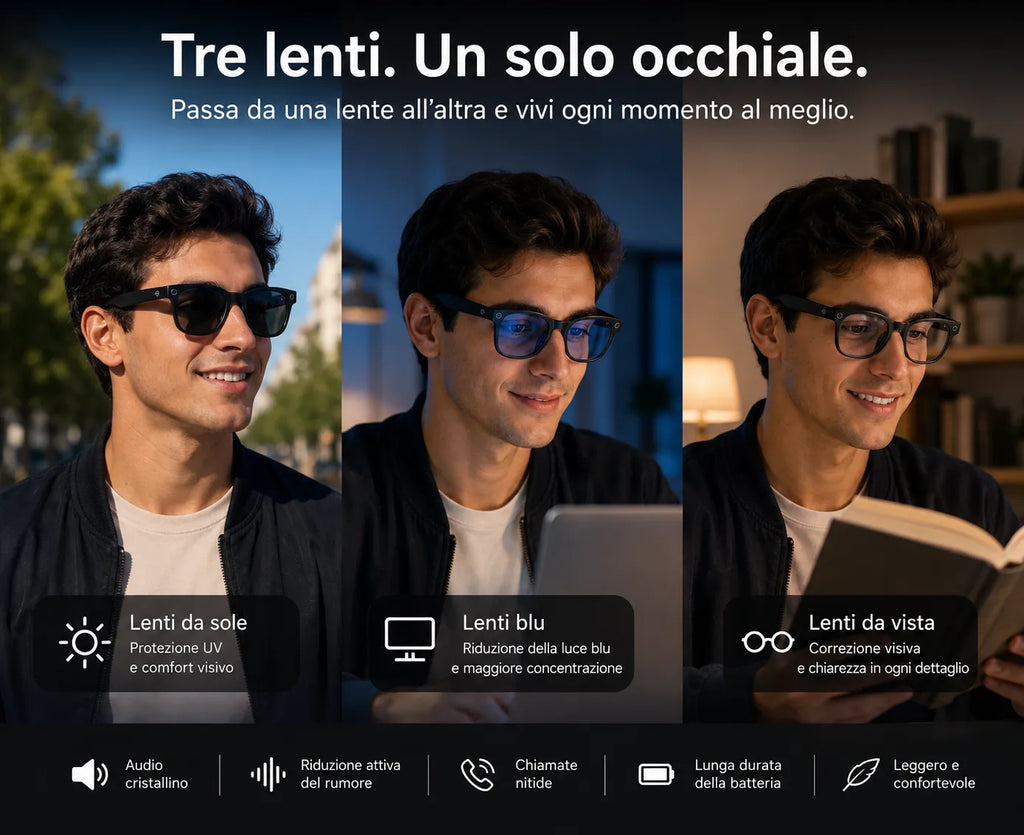 Occhiali smart con lenti scure da sole e lenti da vista in tre inquadrature
