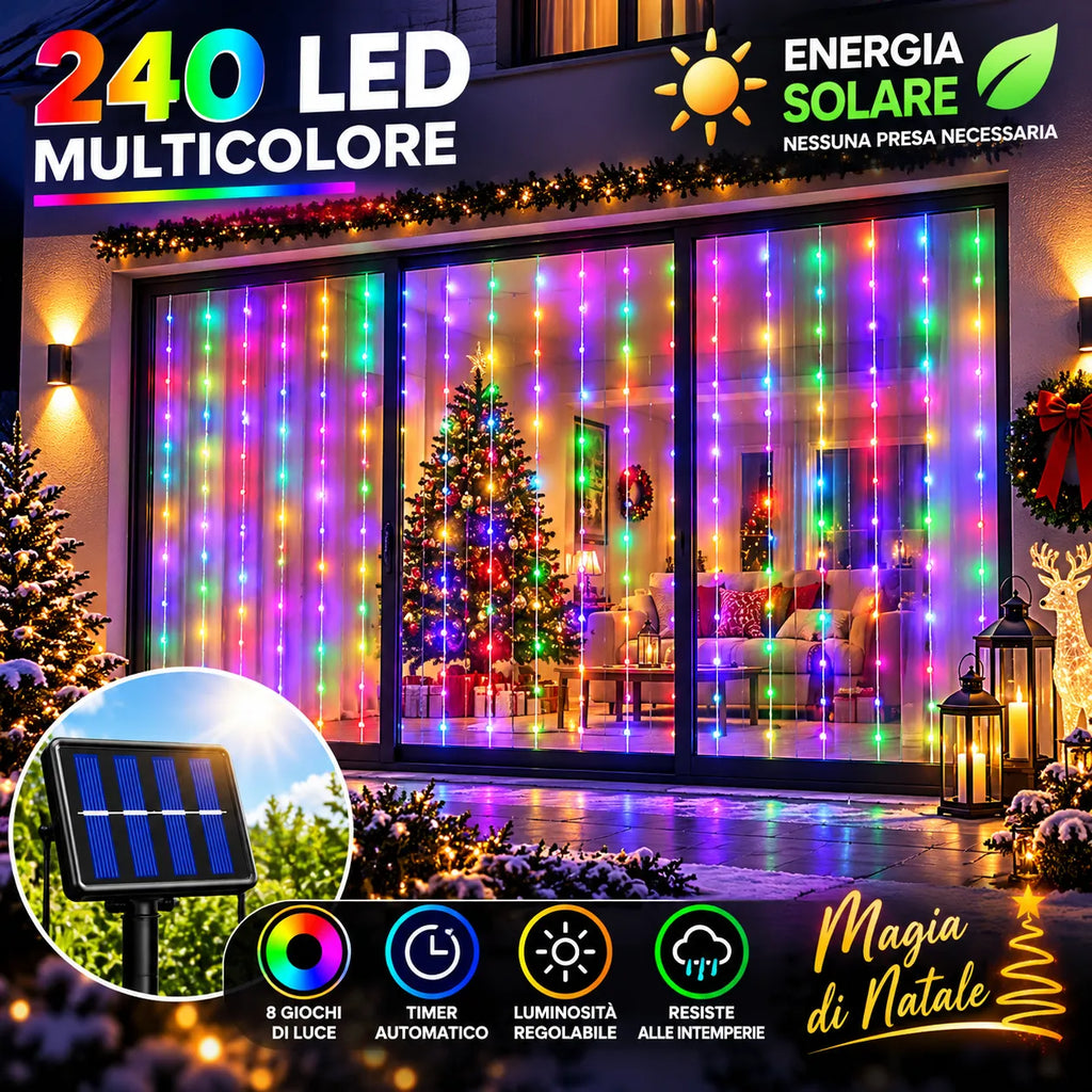 Luci a tenda LED solari multicolore per esterno con pattern a cascata colorata