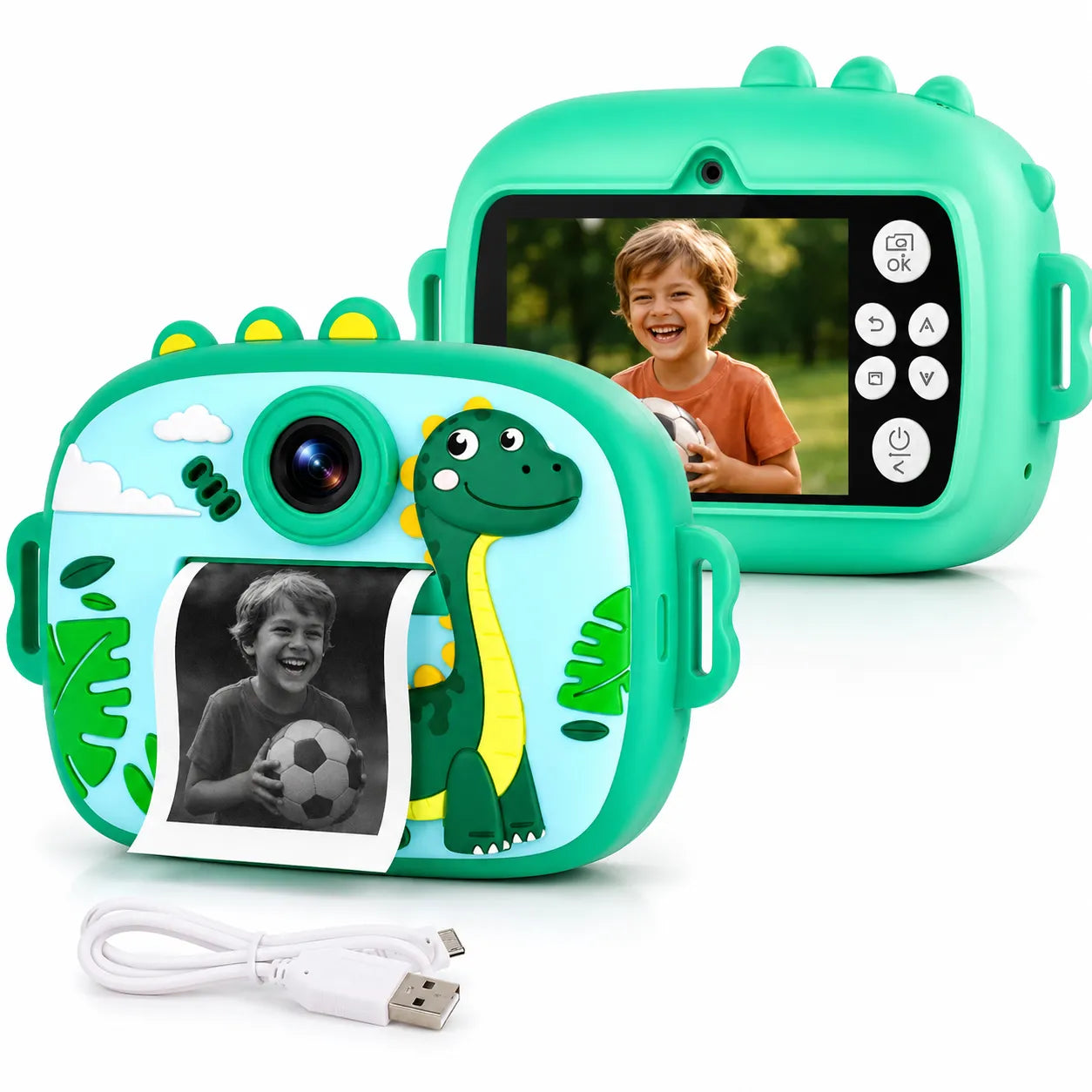 Mini fotocamera educativa verde con display, dinosauro, foto stampata e cavo USB