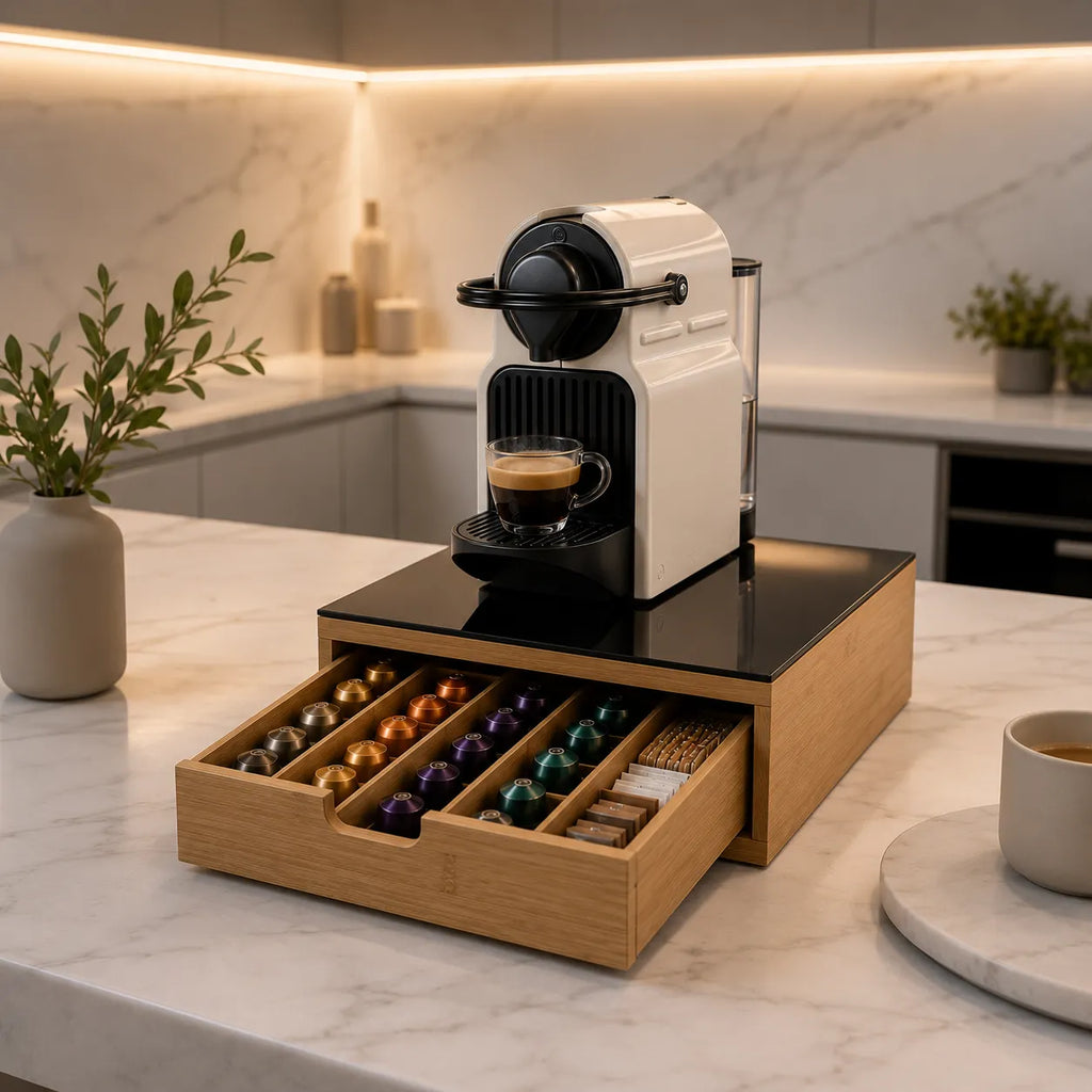 Cassetto portacapsule in bambù con piano in vetro, macchina caffè bianca su piano vetro nero