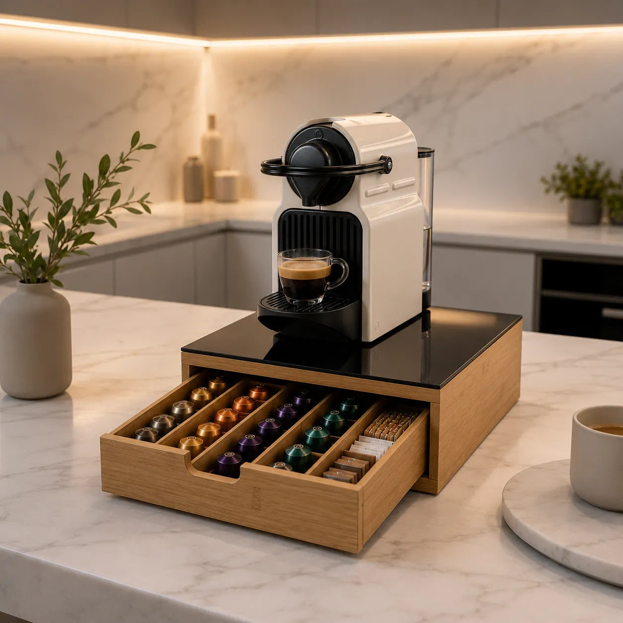 Cassetto portacapsule in bambù con piano in vetro, macchina caffè bianca su piano vetro nero
