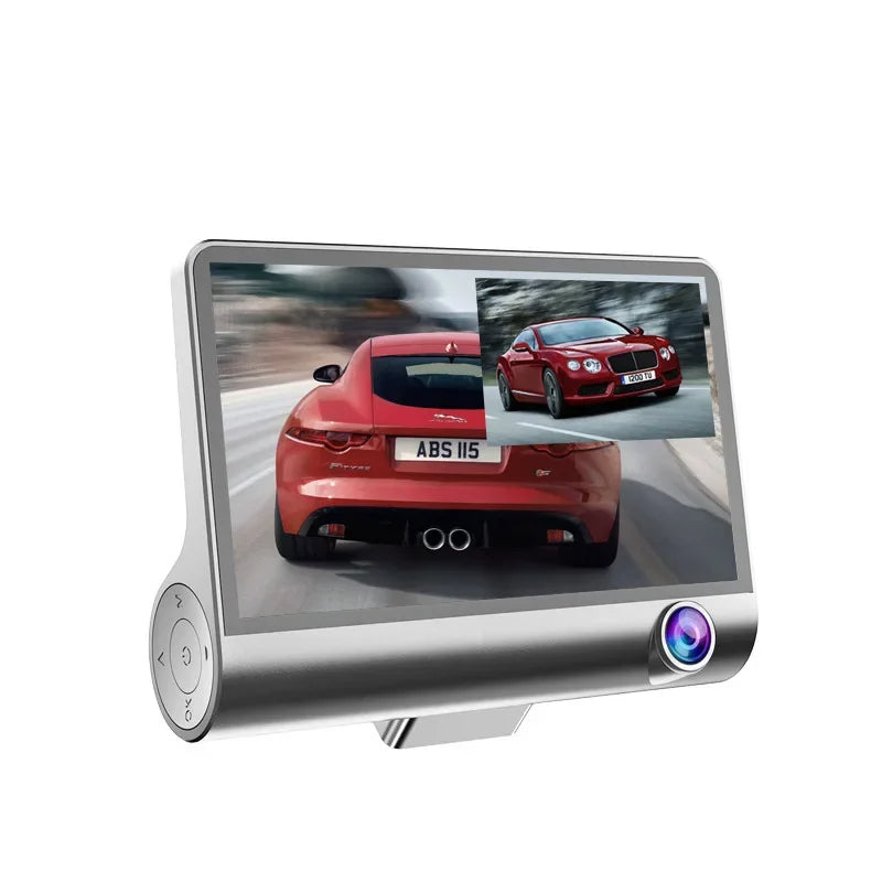 Dash cam da cruscotto con schermo e lente frontale, corpo in colore scuro