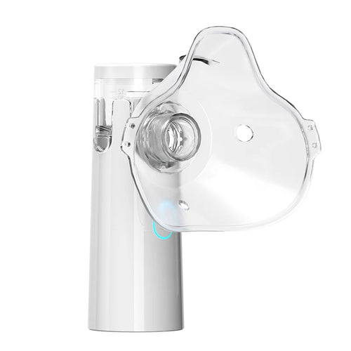 Nebulizzatore ultrasuoni bianco con maschera facciale trasparente e bocchetta circolare.