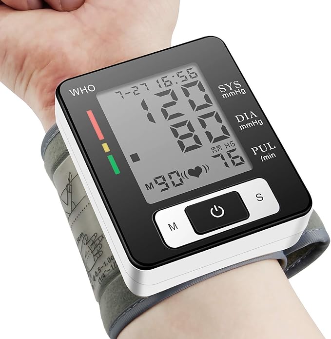 Misuratore automatico pressione da polso con display digitale nero e cinturino grigio