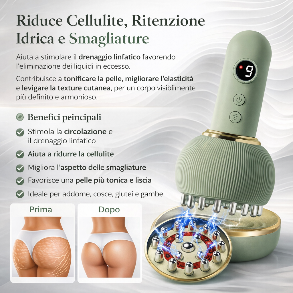 Massaggiatore elettrico verde con base scanalata e testina metallica