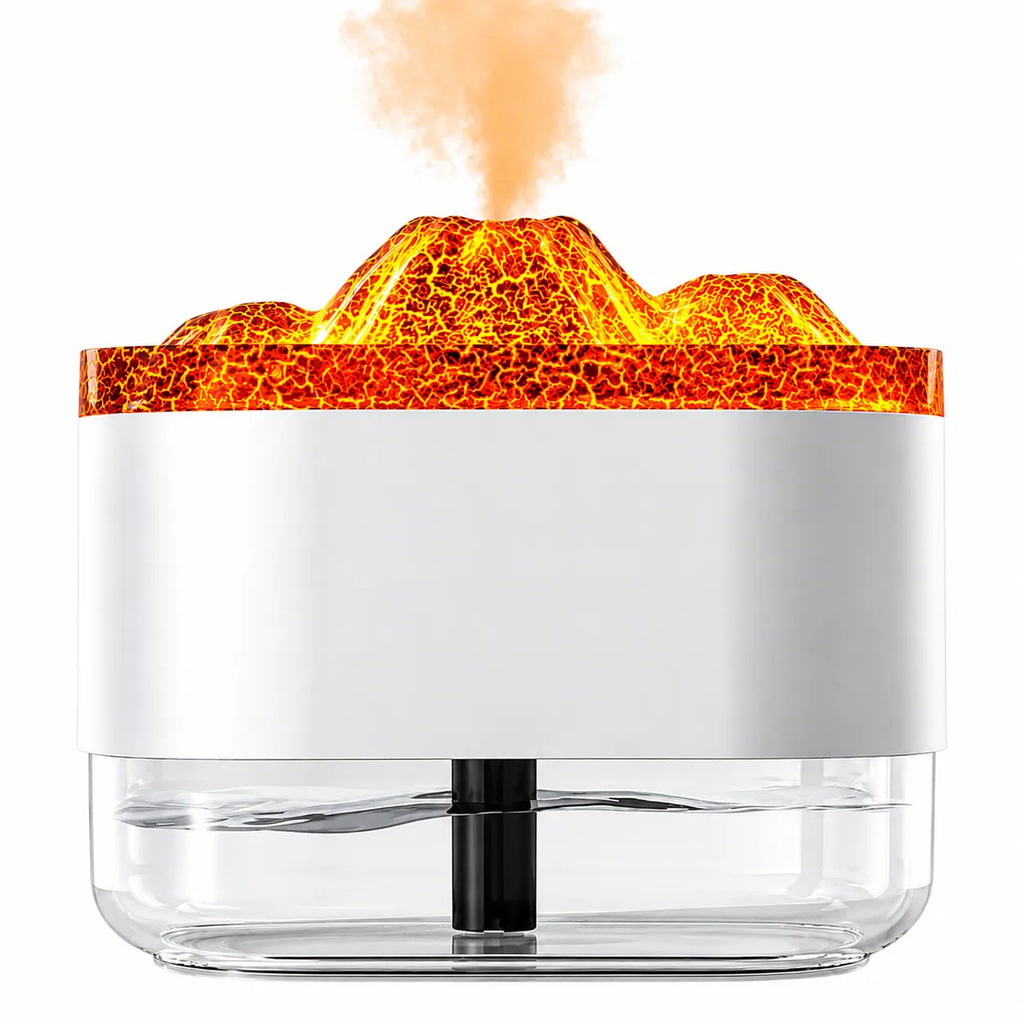 Diffusore di aromi bianco con luce LED effetto vulcano e serbatoio trasparente