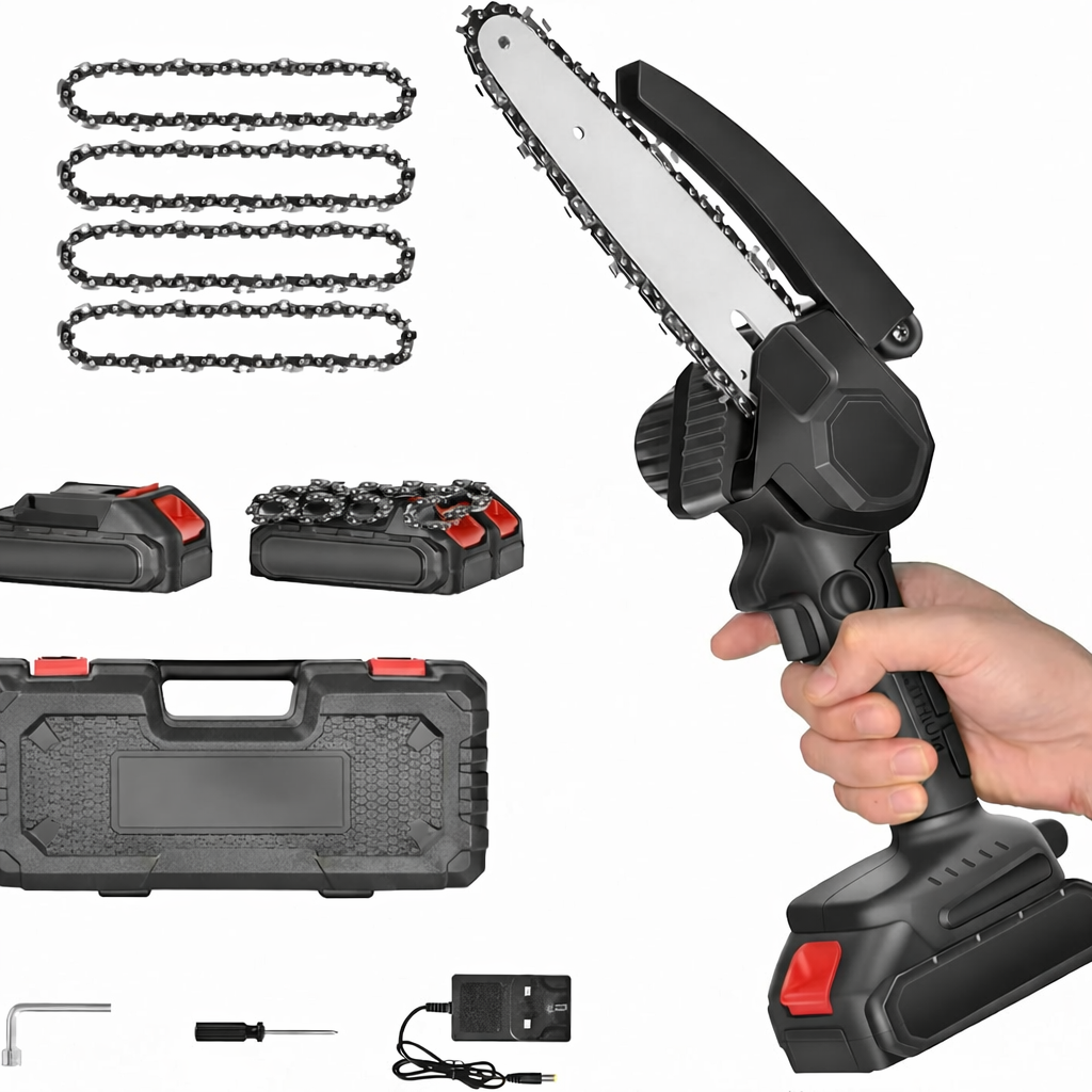 Mini Motosega Elettrica Ricaricabile 48V 4+1 Catene 6” con 2 Batterie e Valigetta  – Sega Potatura Leggera per Giardino e Legna
