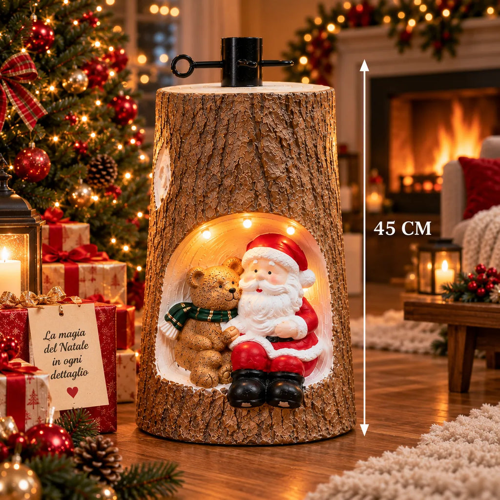Decorazione luminosa su tronco effetto legno con Babbo Natale e orsetto, luce calda