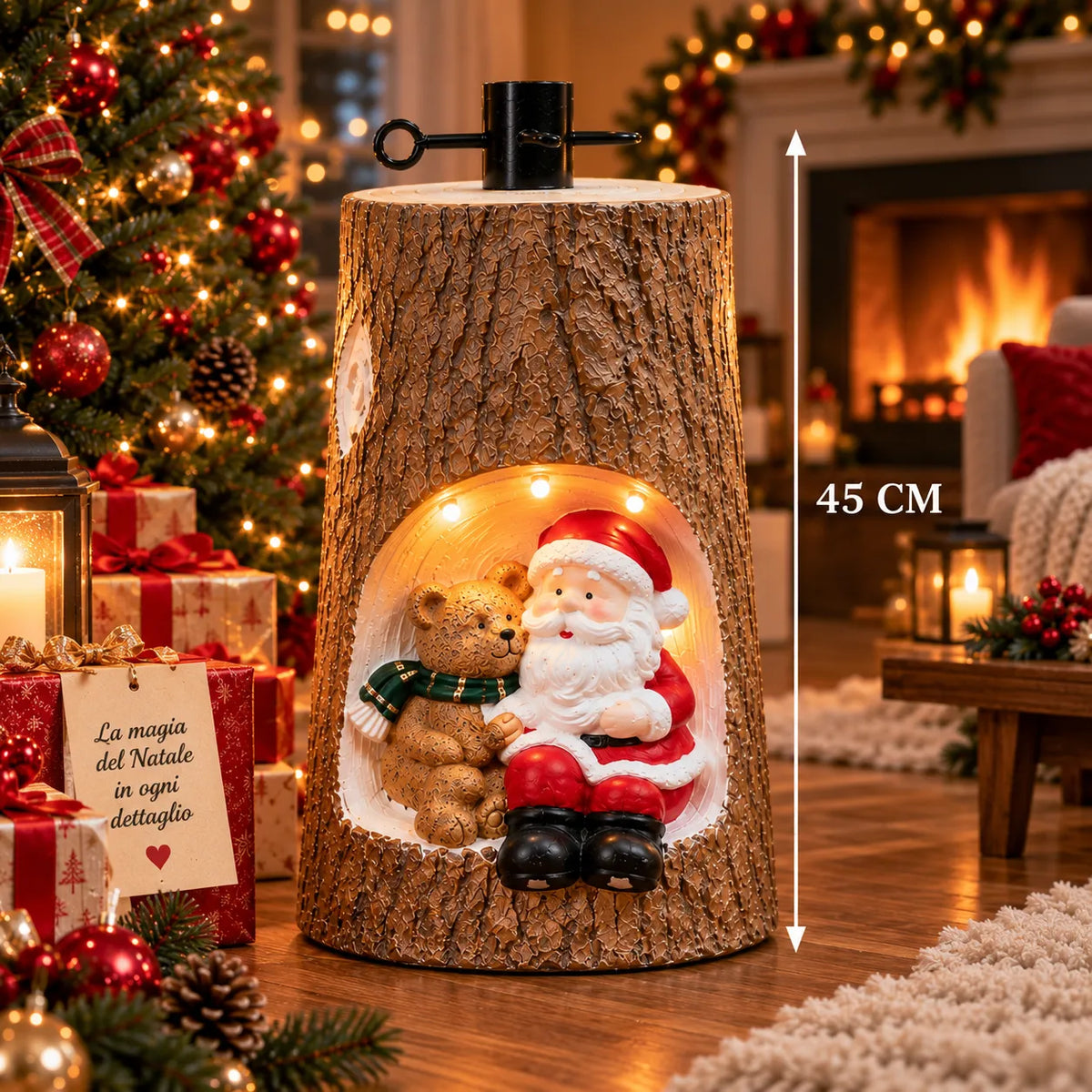 Decorazione luminosa su tronco effetto legno con Babbo Natale e orsetto, luce calda