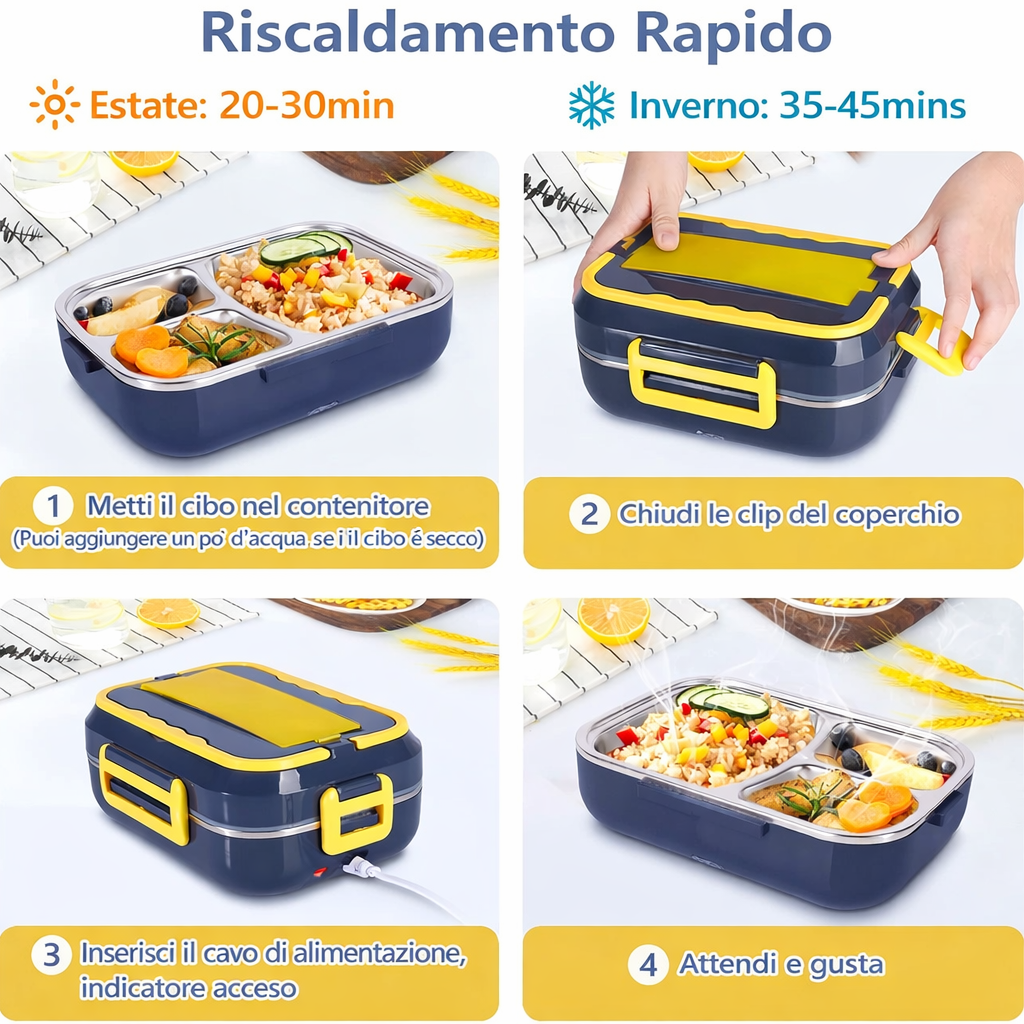 Scaldavivande elettrico blu e giallo con coperchio e contenitori doppi