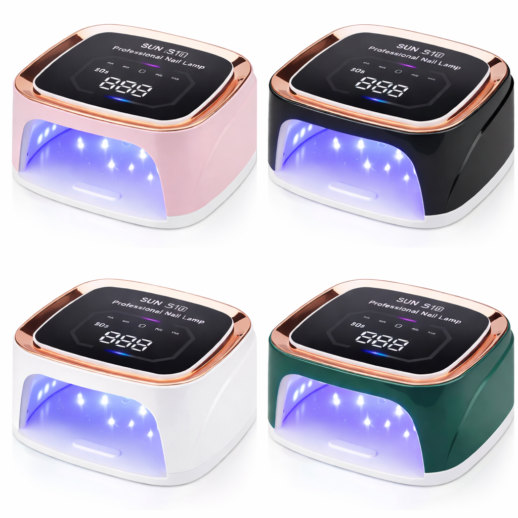 Lampada UV LED con scocca nera, rosa e verde, display e luce blu accesi