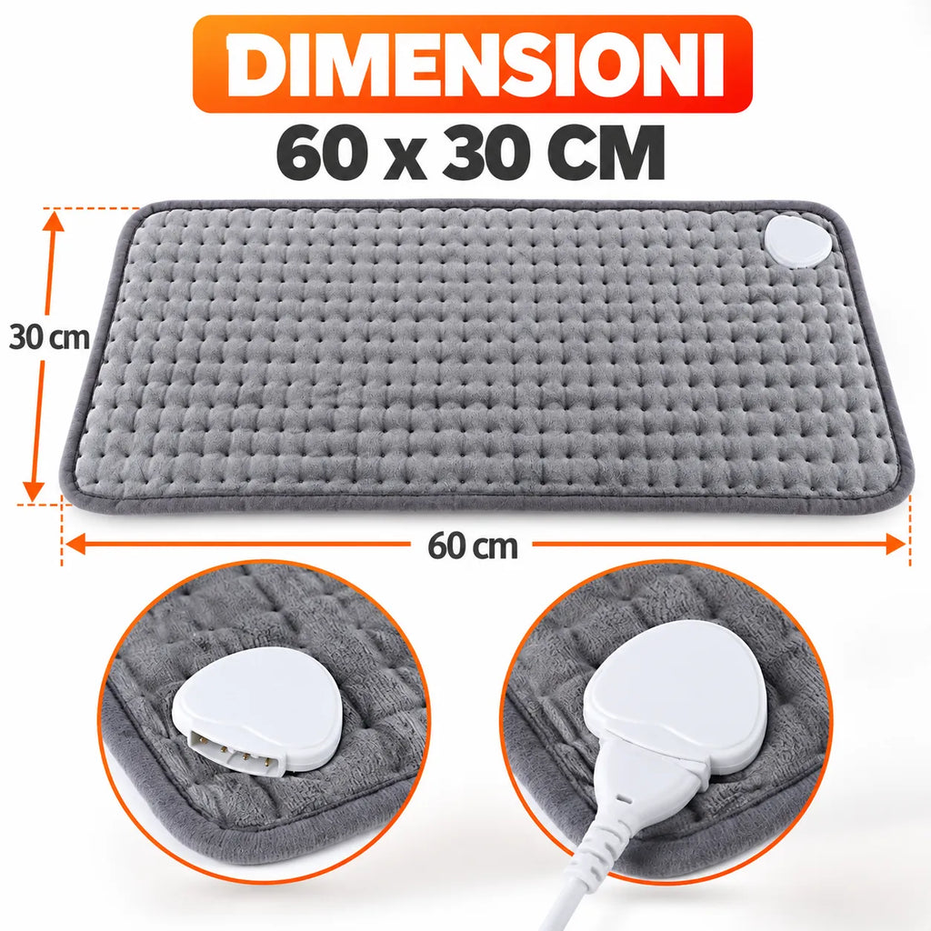 Cuscino riscaldante grigio 60x30 cm con telecomando e cavo bianco