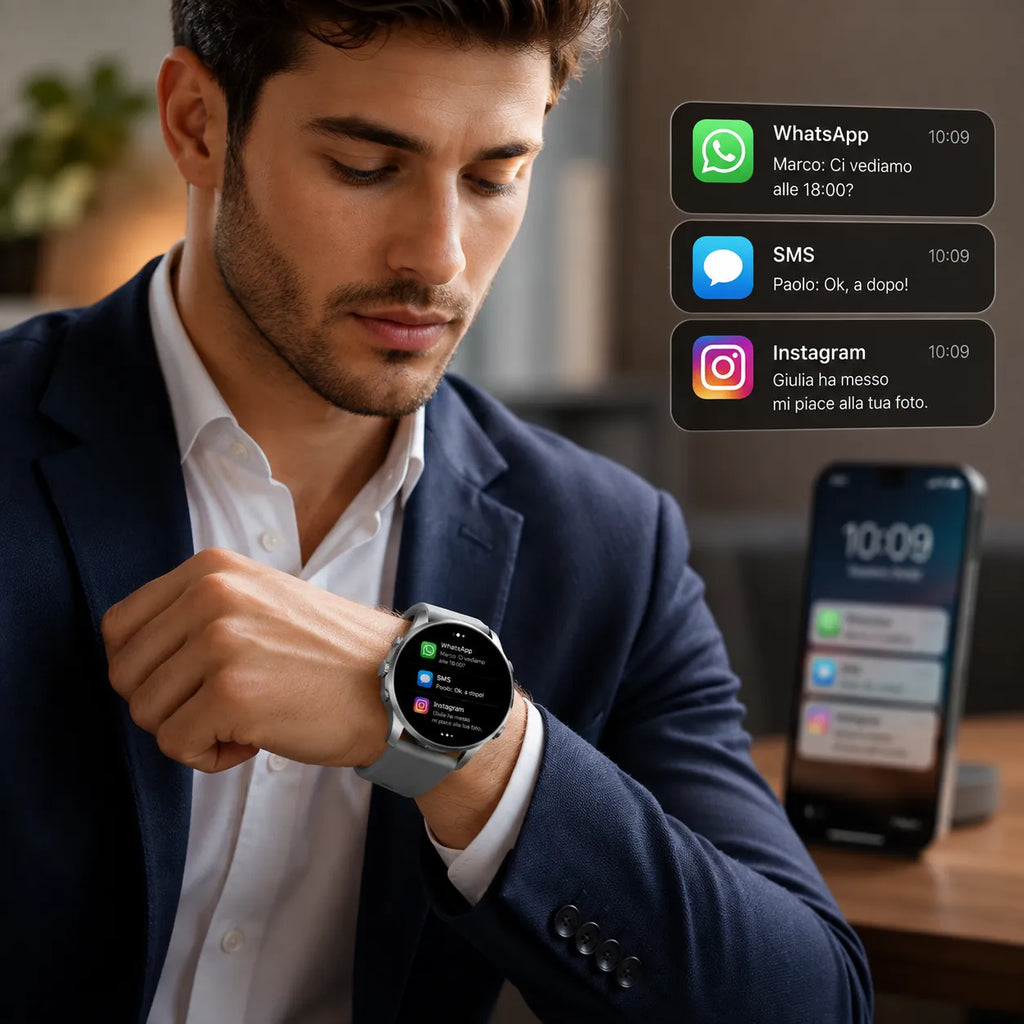 Smartwatch uomo con cinturino nero e display circolare, notifiche visibili sul quadrante