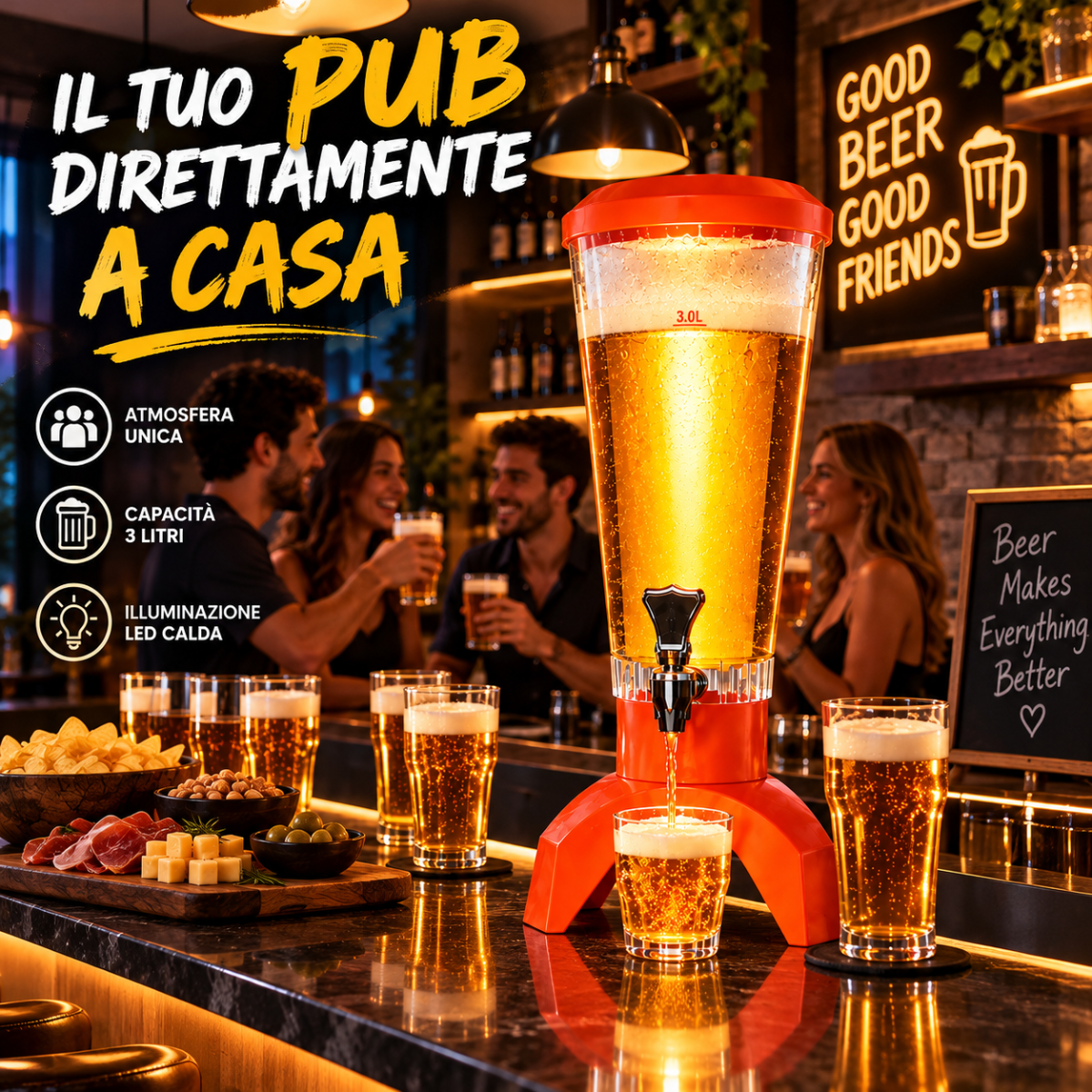Dispenser birra a torre con base rossa e serbatoio trasparente, rubinetto in metallo