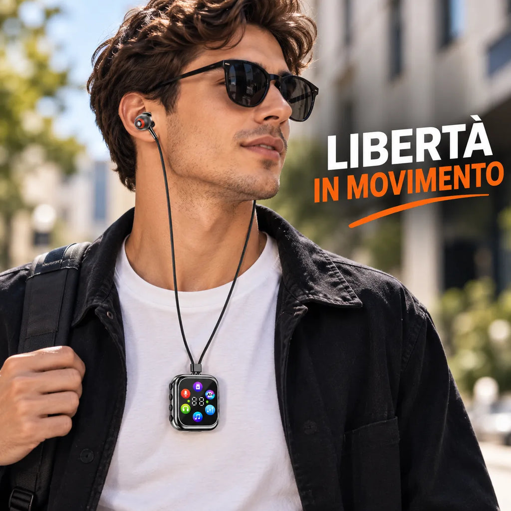 Auricolari Bluetooth con cavo e unità display LED indossata al collo