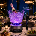 Secchiello ghiaccio altoparlante karaoke con microfono, luce LED viola e bottiglia.
