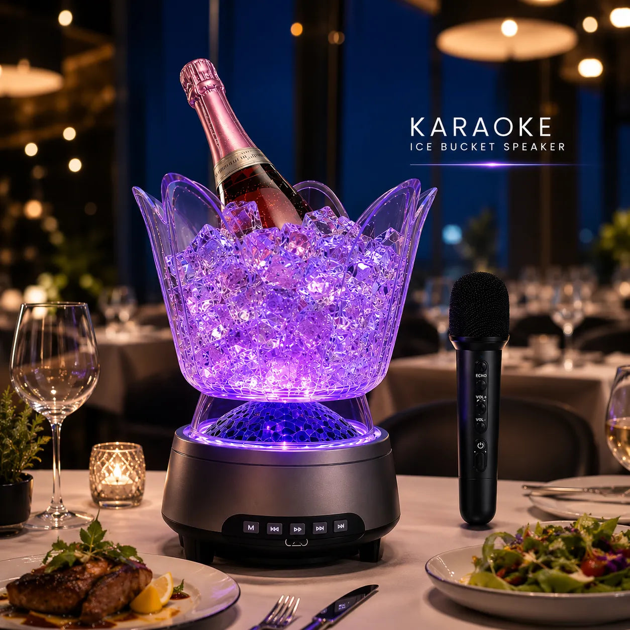 Secchiello ghiaccio altoparlante karaoke con microfono, luce LED viola e bottiglia.
