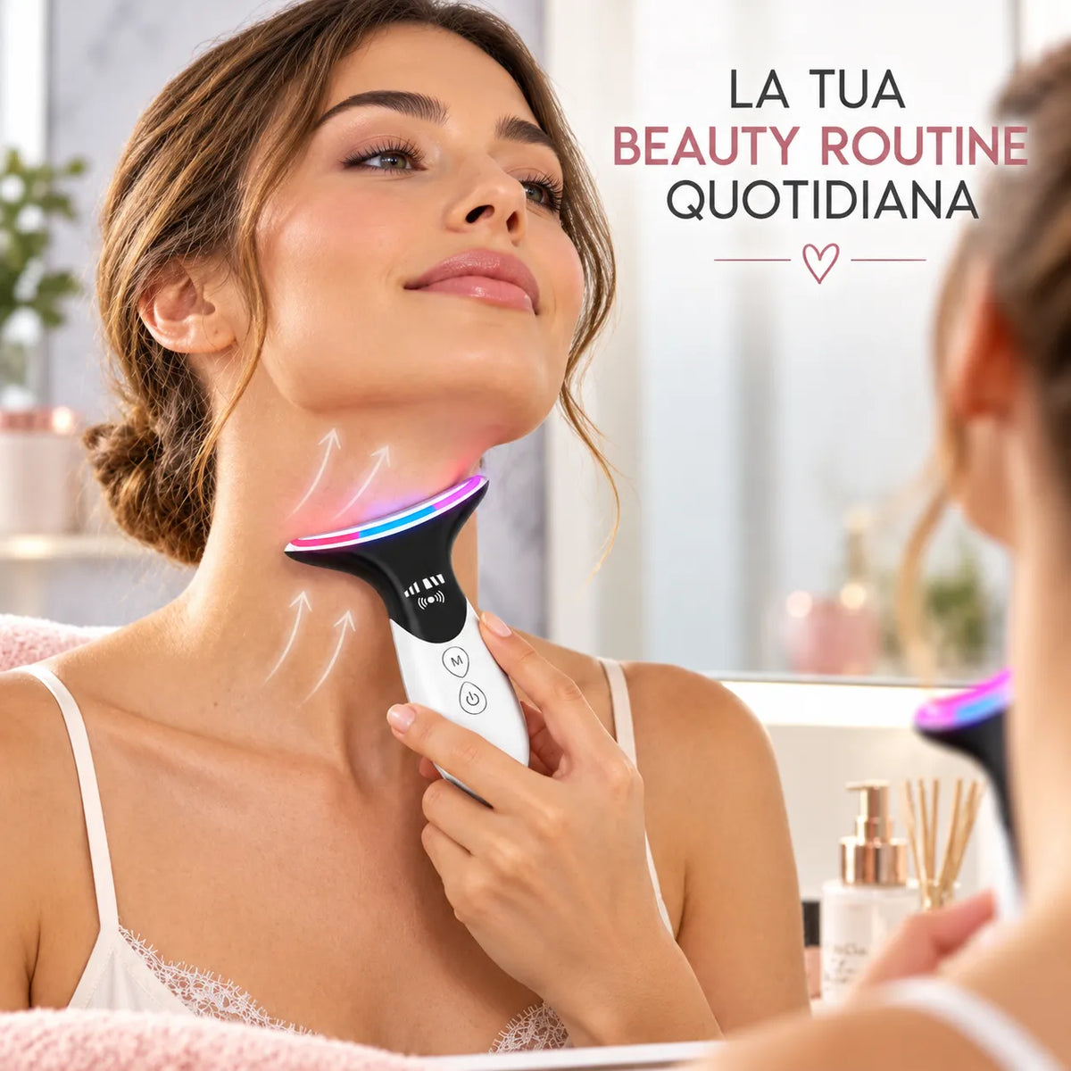 Massaggiatore viso e collo LED ricaricabile: testina curva, vibrazione, luci multicolore