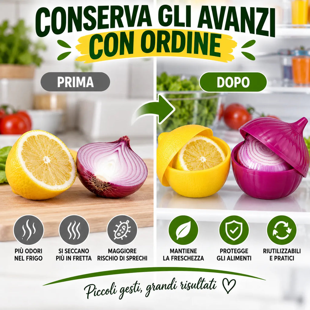 Contenitori per limone e cipolla in plastica con coperchi gialli e viola