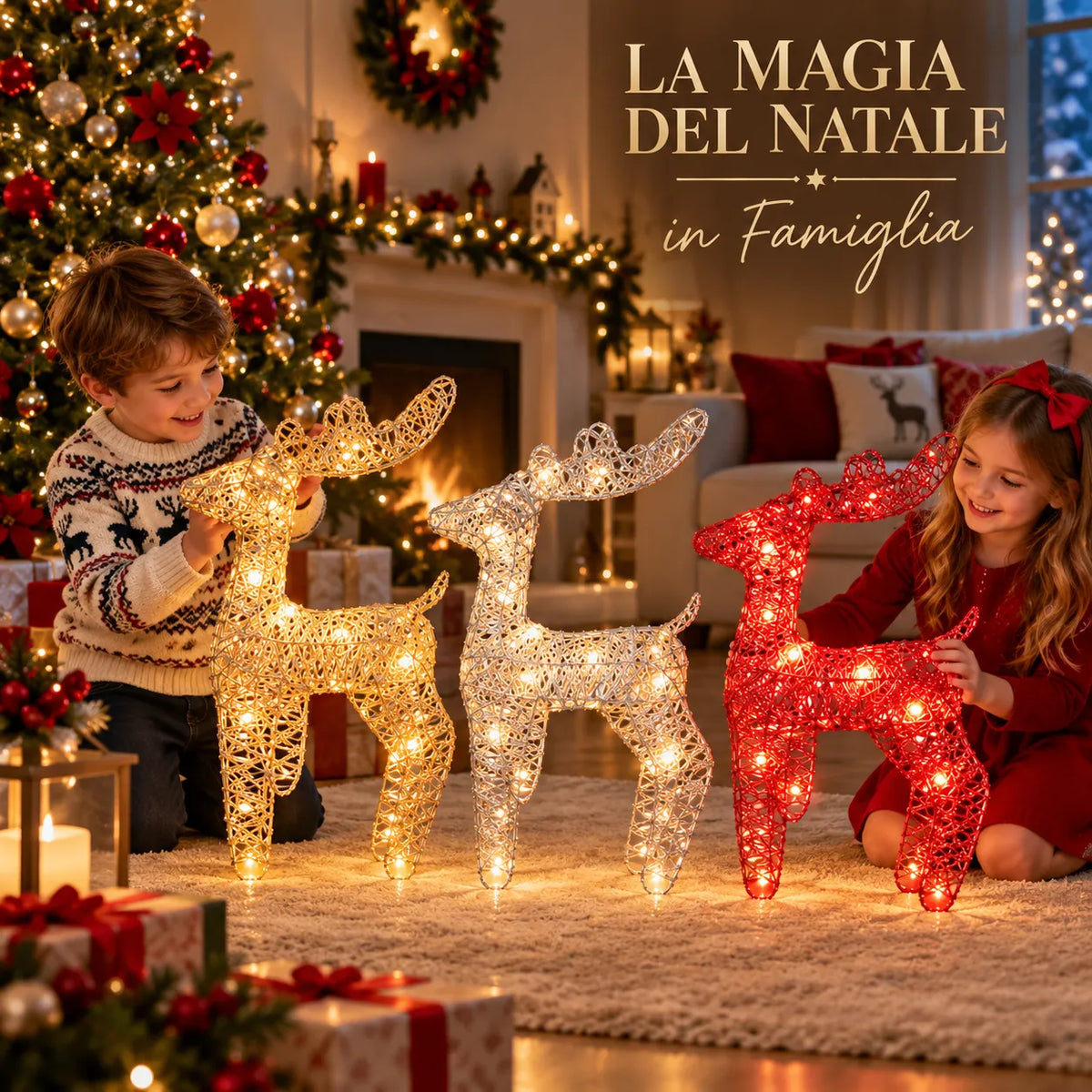 Renne natalizie decorative con luci LED: oro, argento e rosso, 30 cm