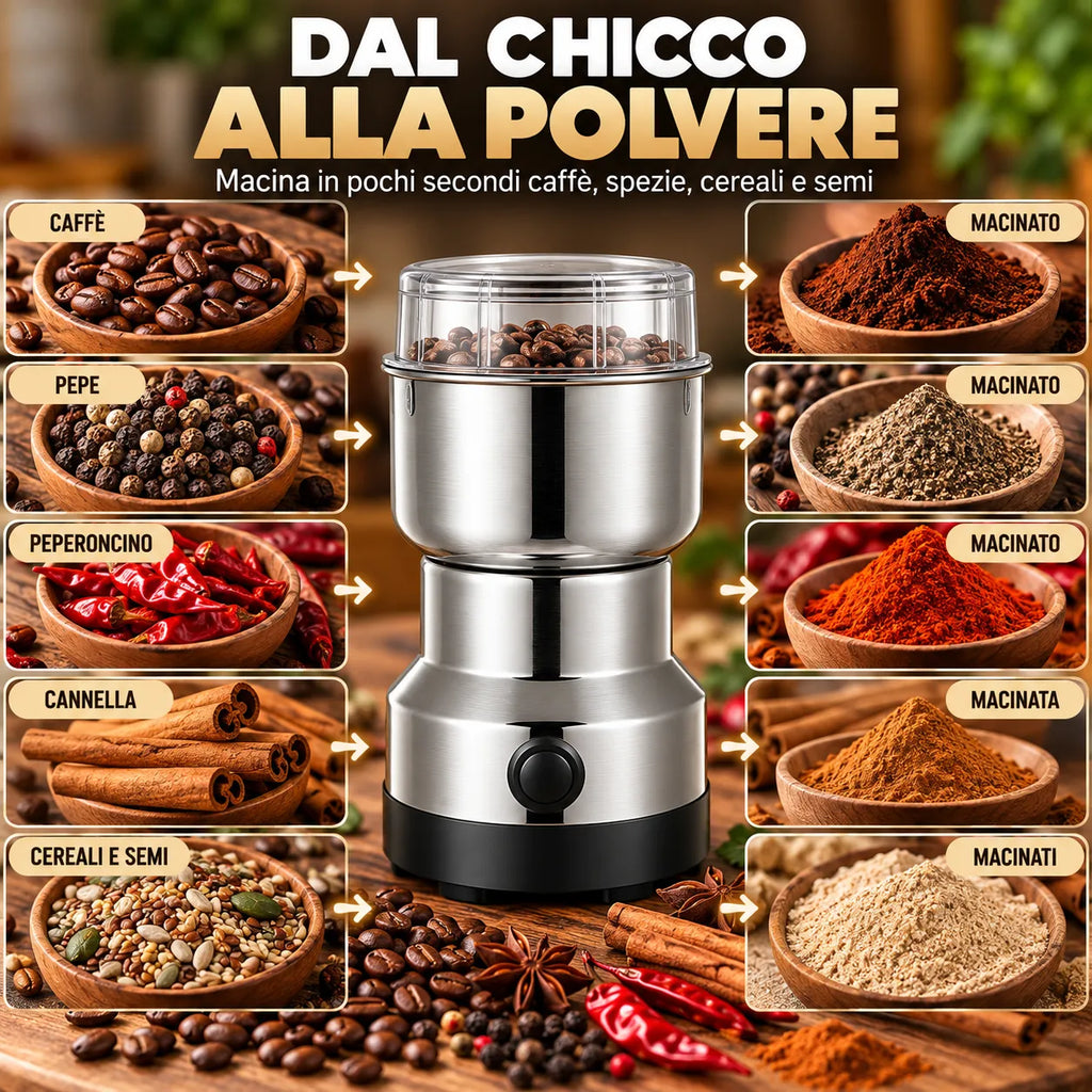 Macina caffè elettrico in acciaio inox con contenitore superiore trasparente