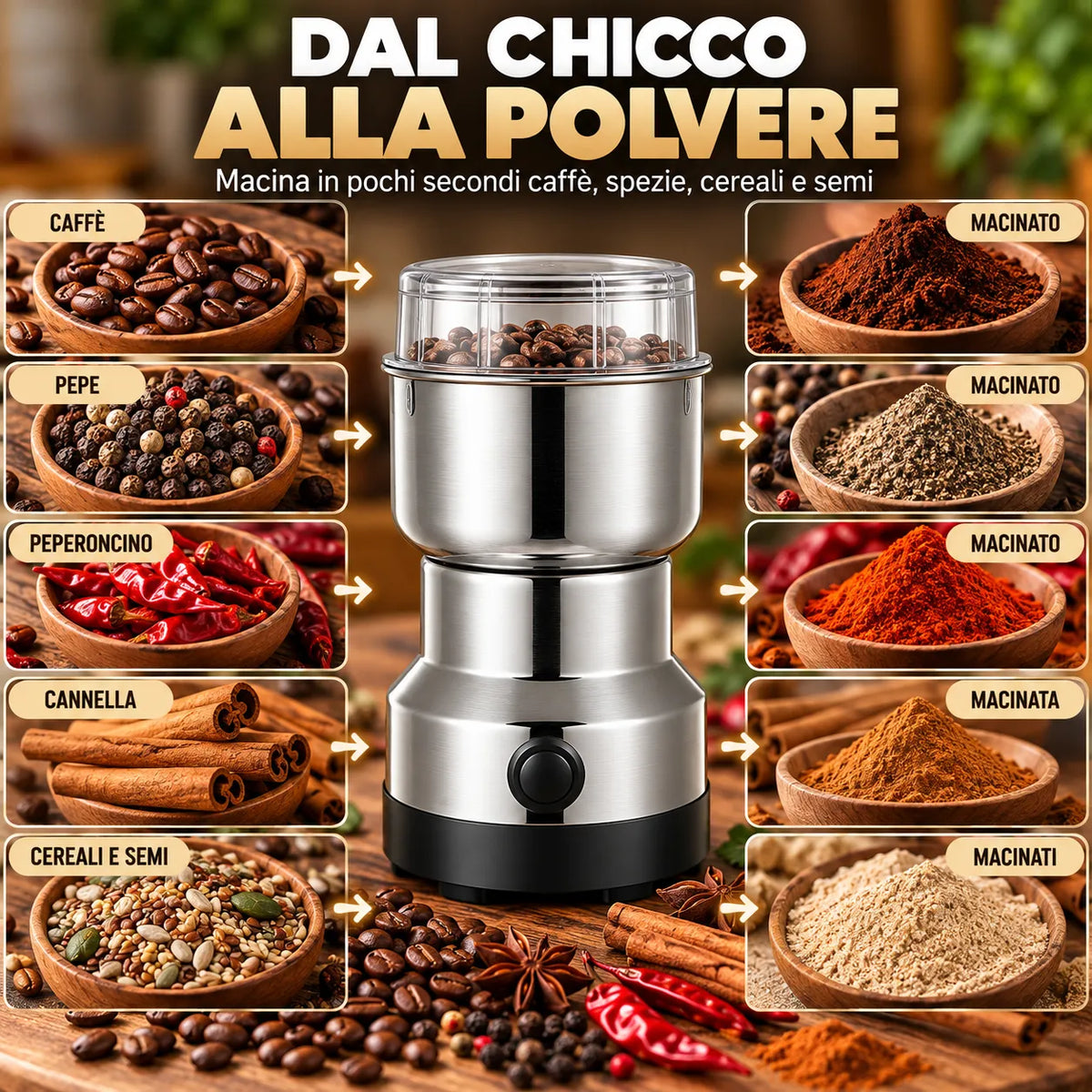 Macina caffè elettrico in acciaio inox con contenitore superiore trasparente