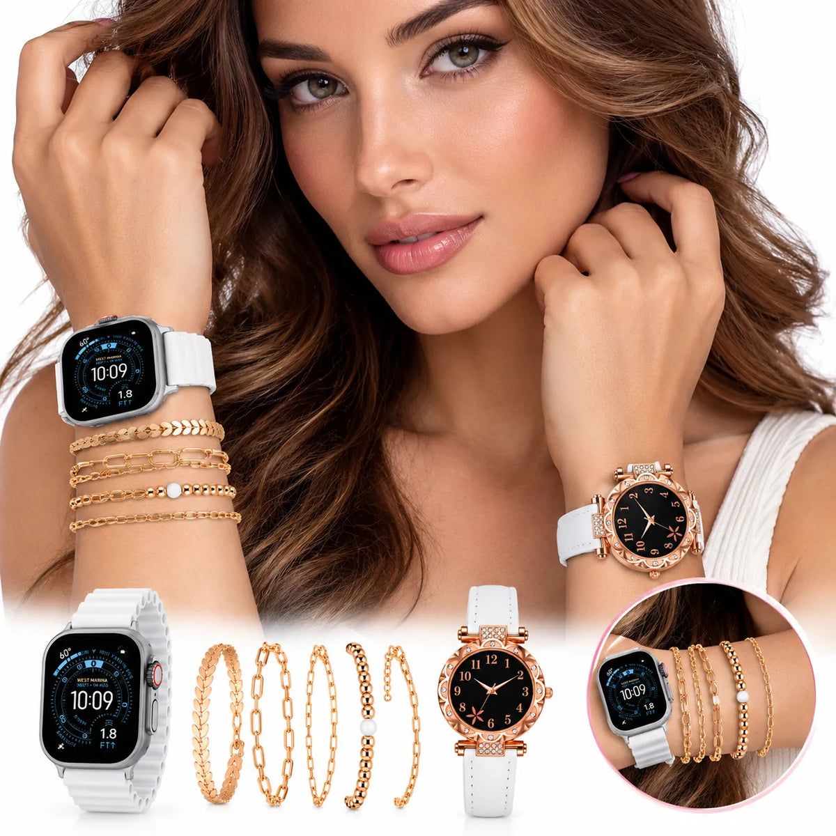 Orologio smart bianco e orologio analogico rosé con 5 bracciali dorati e pietrine