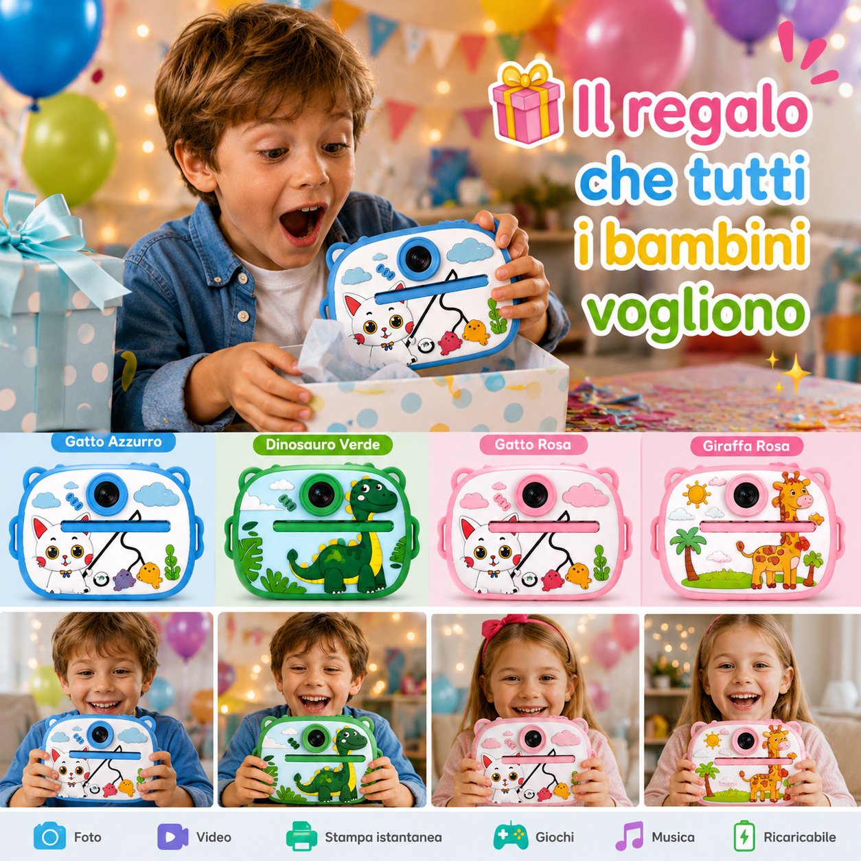 Mini fotocamera educativa blu con stampa istantanea, grafica gatto e animali colorati