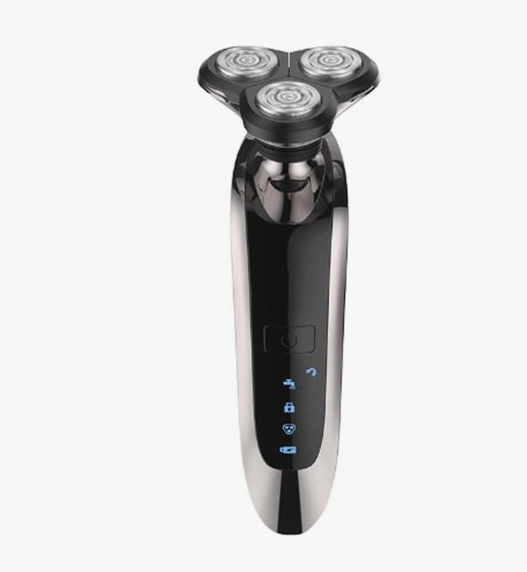 Rasoio da barba elettrico nero e argento con tre testine circolari