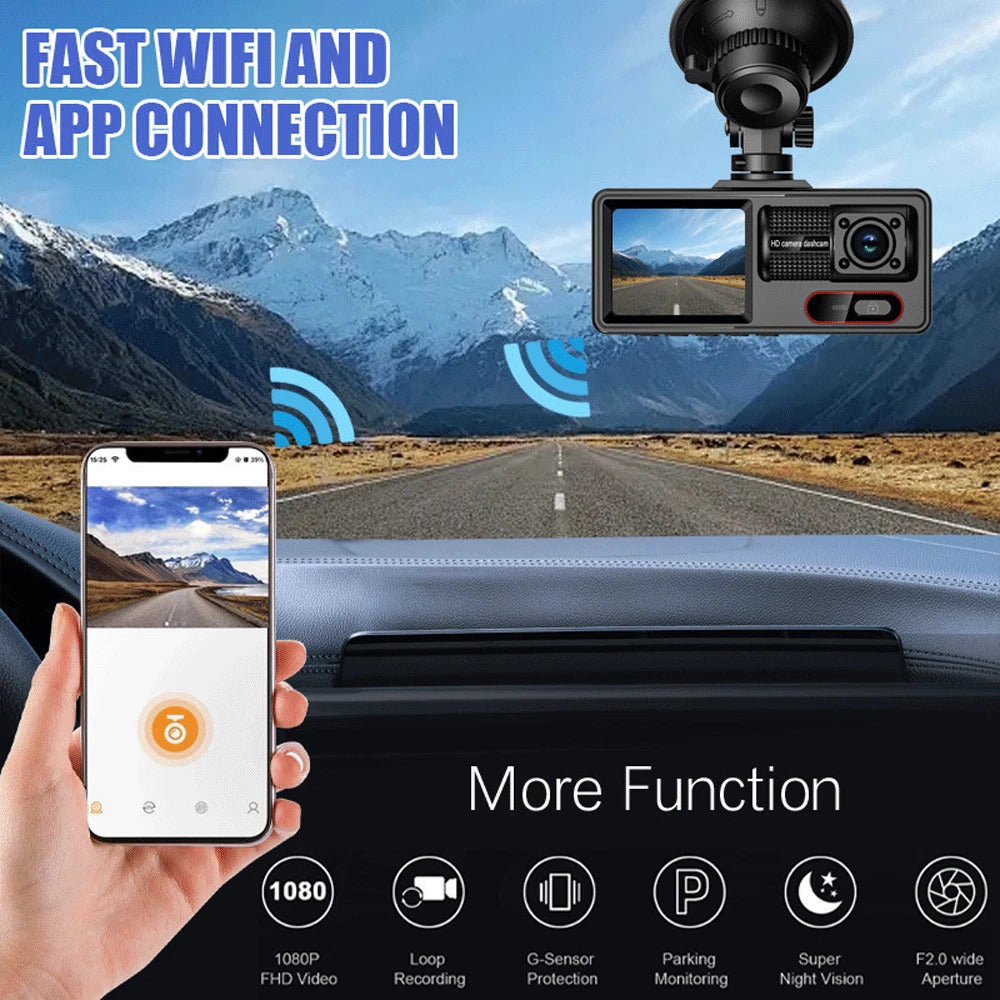 Dash cam tripla con telecamera su supporto e schermo, installazione in auto
