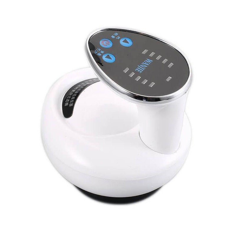 Apparecchio per massaggio termico a ventosa bianco con display nero inclinato e tasti neri