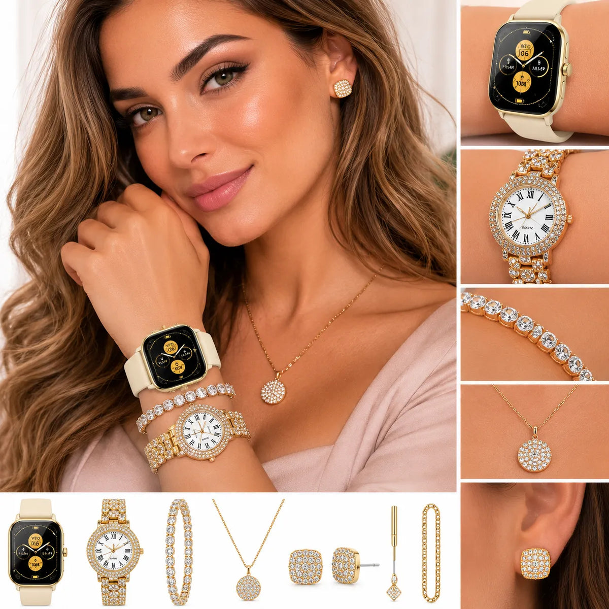 Orologio intelligente da donna con cinturino chiaro e display nero, con bracciale gioiello