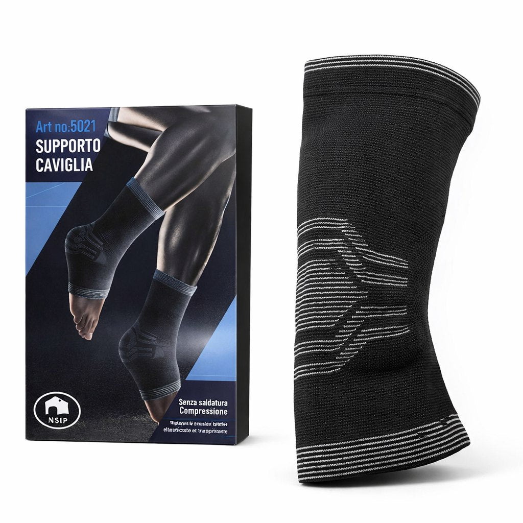 Cavigliera nera a compressione graduata con fascia bianca e rinforzo a X