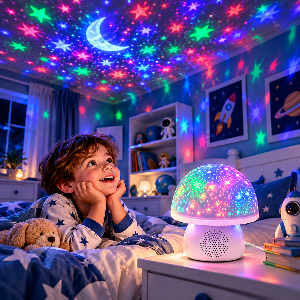 Proiettore LED stelle e luna RGB con altoparlante Bluetooth, cupola luminosa multicolore su base bianca.