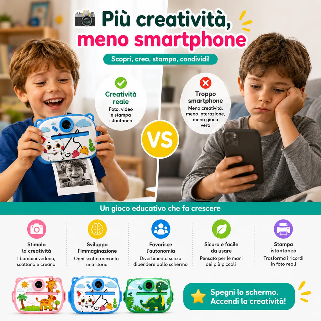 Mini fotocamera educativa blu con stampa istantanea, grafica gatto e dinosauro
