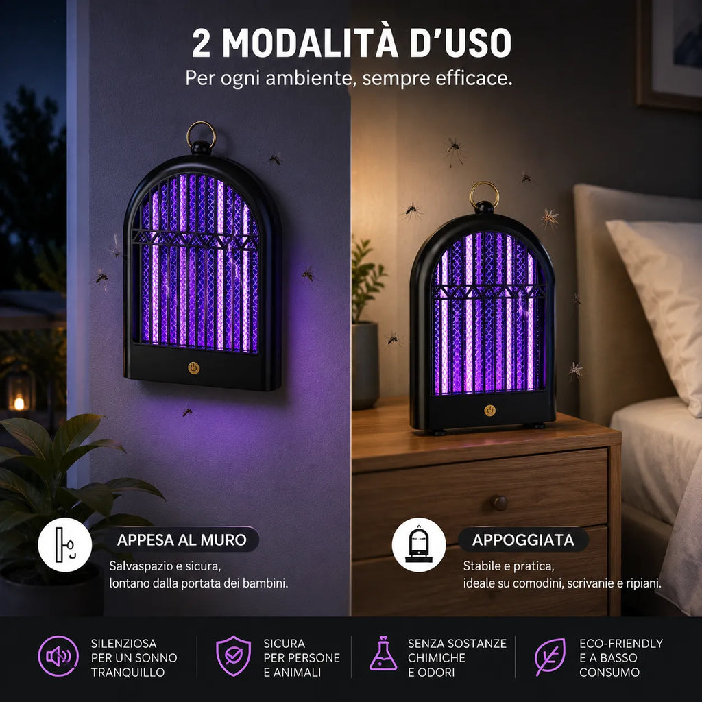 Lampada Insetticida LED UV Ricaricabile USB 2 Modalità Anti Zanzare Mosche da Appendere