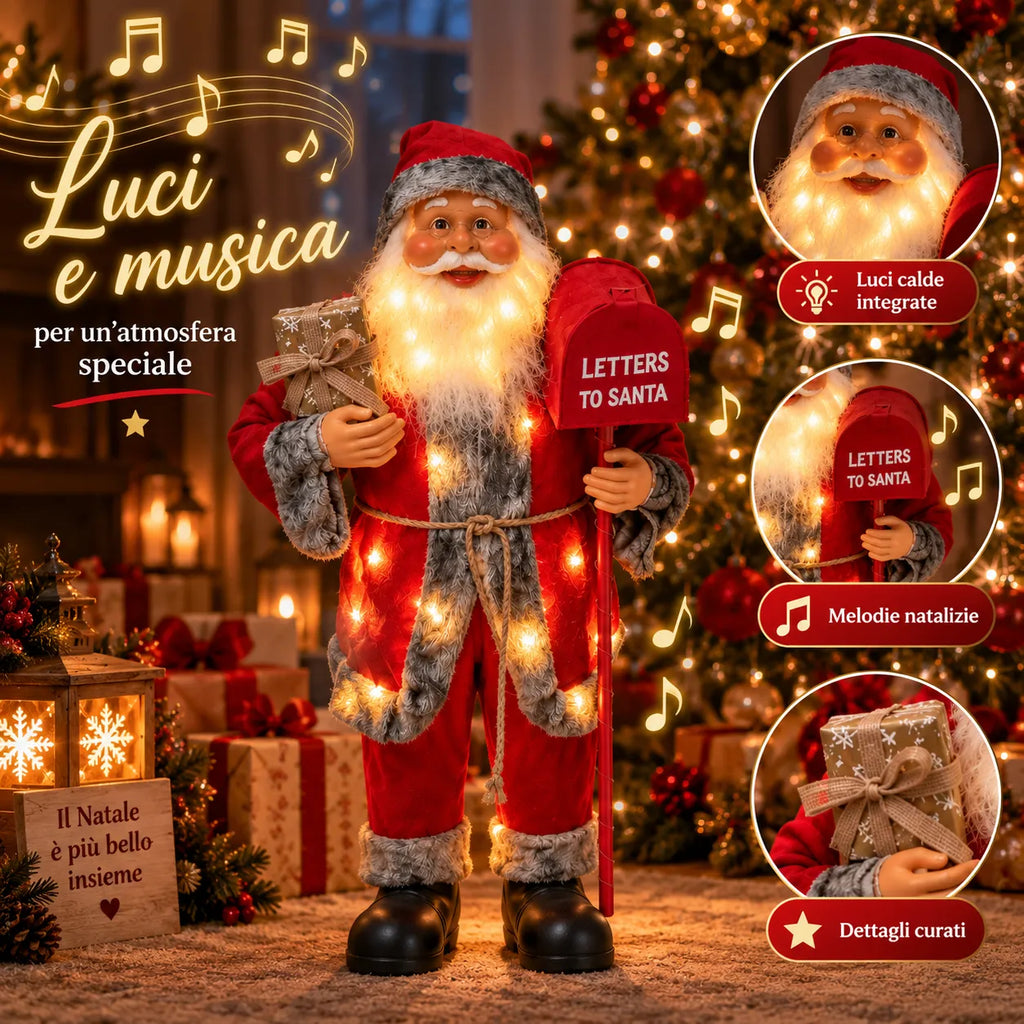Babbo Natale rosso con casetta postale “LETTERS TO SANTA”, luci decorative integrate