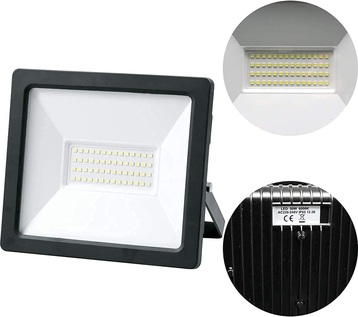 Proiettore LED da esterni nero con dettaglio chip LED e corpo scanalato