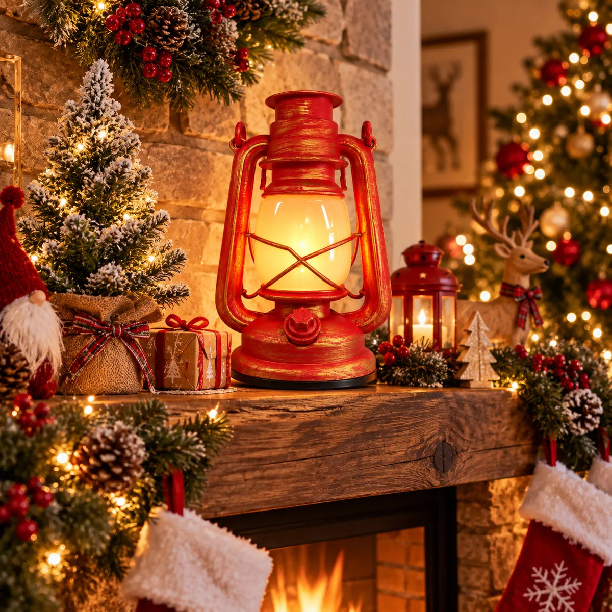 Lanterna di Natale vintage rossa accesa con luce calda, su mensola in legno