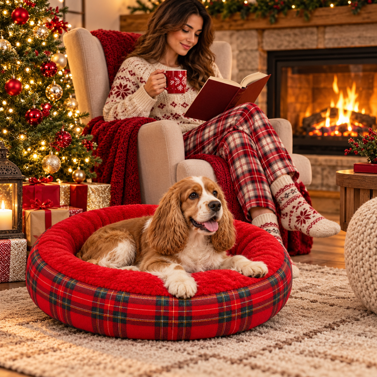 Cuccia rotonda per animali in rosso tartan, con cane sdraiato sul letto morbido