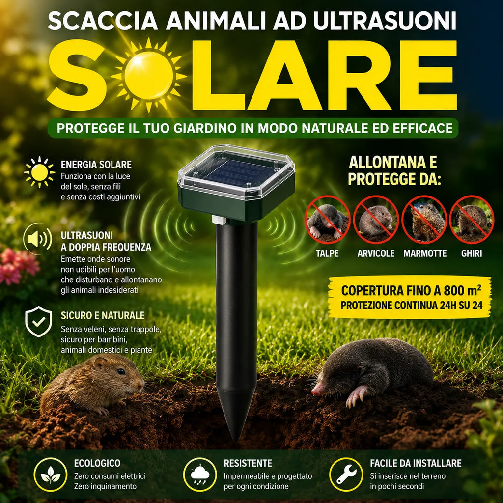Dissuasore solare a ultrasuoni con paletto nero e pannello solare trasparente