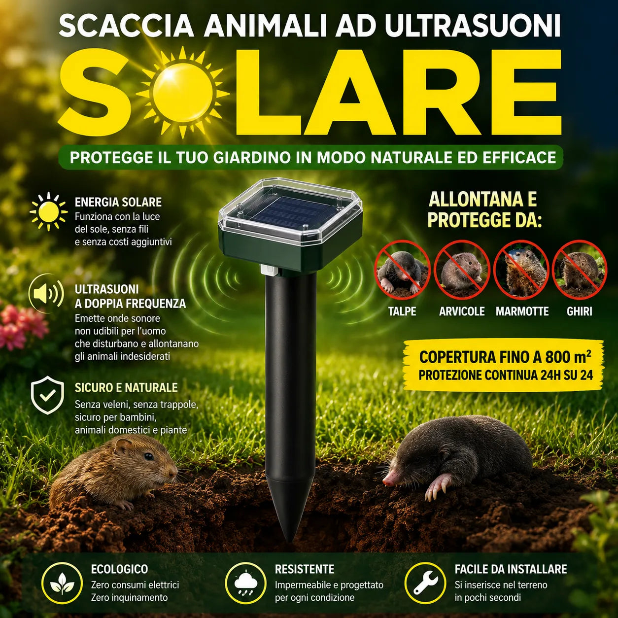 Dissuasore solare a ultrasuoni con paletto nero e pannello solare trasparente