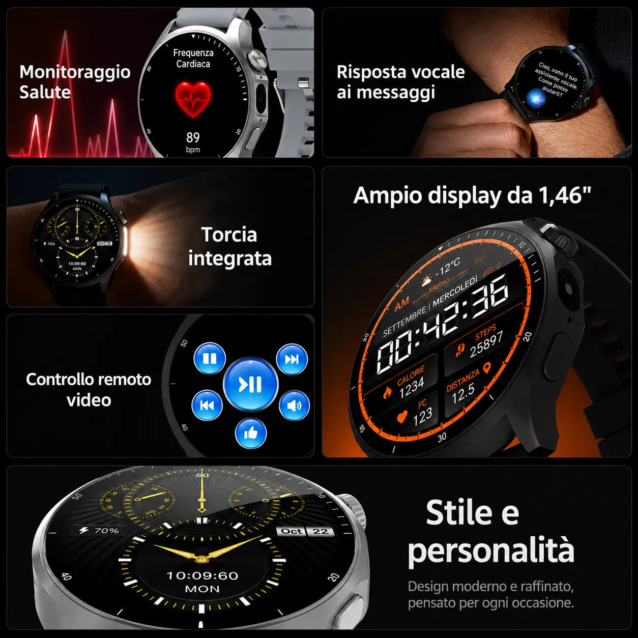 Smartwatch HW18 PRO+ AMOLED 1,46" HD Bluetooth Chiamate Torcia LED con 3 Cinturini