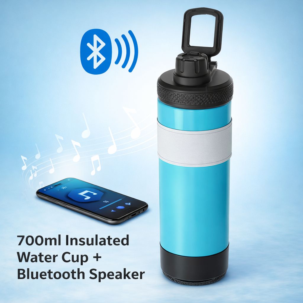Borraccia termica blu con speaker Bluetooth, maniglia pieghevole e base antiscivolo