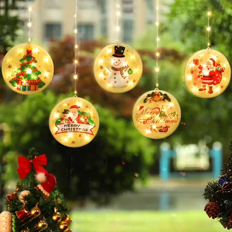 Catena luminosa natalizia a LED con dischi rotondi illuminati, pupazzo di neve e Babbo Natale