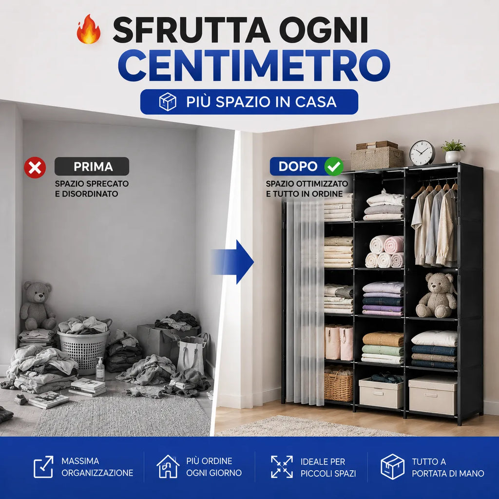 Armadio Guardaroba Salvaspazio con Tenda Scorrevole 155x80x28 cm – Organizzatore Multiuso per Camera, Cameretta e Lavanderia