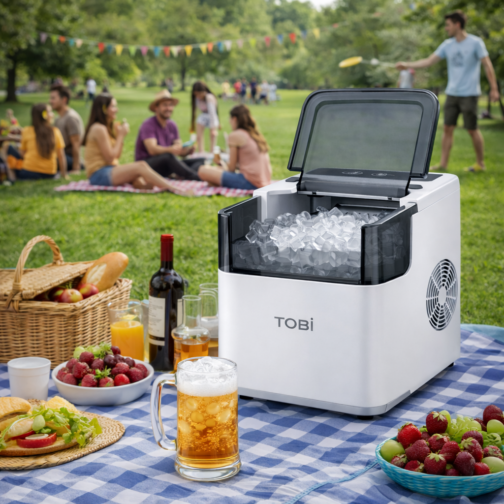 Macchina del ghiaccio automatica TOBI bianca con sportello aperto e vasca piena di cubetti