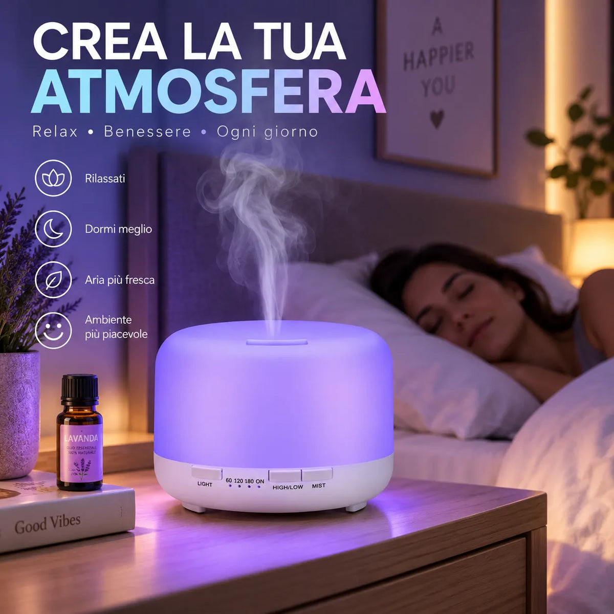 Diffusore di aromi a ultrasuoni bianco con luce LED viola e vapore in uscita.