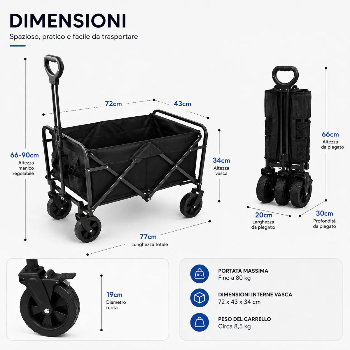 Carrello pieghevole nero con manico regolabile, sponde rinforzate e 4 ruote